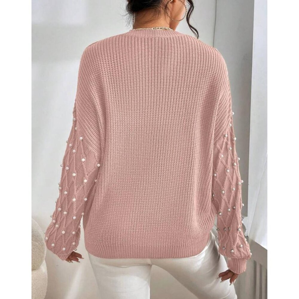 Casual Pink Pearl Round Neck Drop Shoulder - Picture 4 of 6